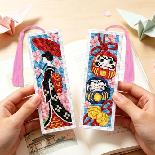 ACRNIGHEET 6PCS Cross Stitch Bookmark Kit for Beginner Stamped Cross Stitch Kits for Adults Japanese DIY Tassel Embroidery Bookmark Kits Needlepoint Kit with Instructions Craft Gift 8.5''x3'' 11CT - style: Japanese with Tassel