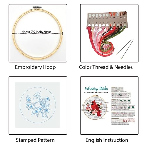 Louise Maelys Cardinal Embroidery Kits for Beginners with Flower Pattern - color: kit-23