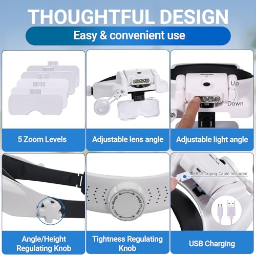 YOCTOSUN Magnifying Glass with Light,Rechargeable Headband Magnifier 1X-14X - style: Headband Magnifier 1X-14X