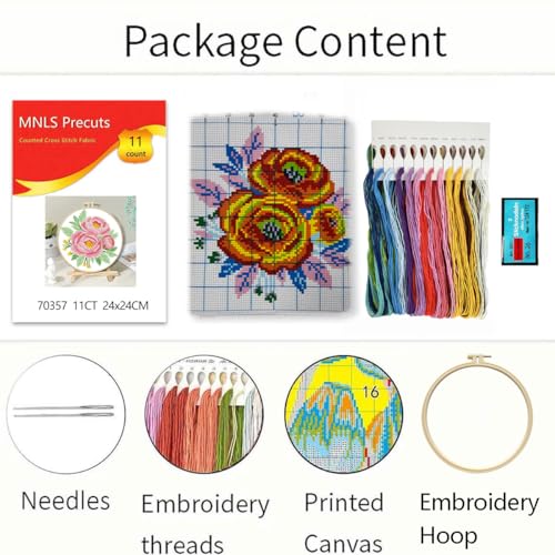 Zhenqing Pink Peony Cross Stitch Kit for Beginners - Complete Set with Pre-Printed 11CT 24x24cm Fabric, Hoop & Threads(70357) - color: 70357