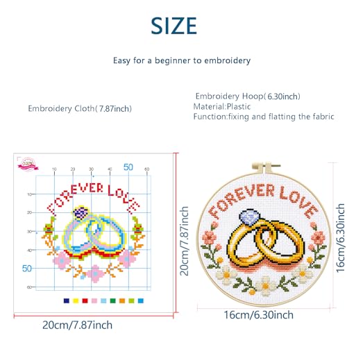 Zhenqing Forever Love Cross Stitch Kit with Wedding Rings, 11CT Printed 20x20cm for Beginners, Romantic Embroidery Set with 16cm Hoop(70837) - color: Forever Love