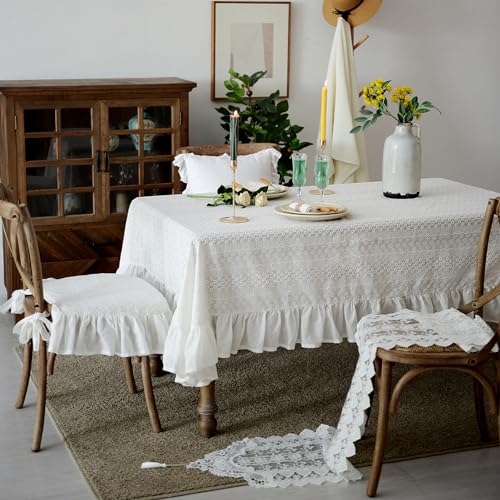 ARTMAGIC French Ruffled Cotton Tablecloth with Lace Decorative - size: 120" x 60" (Rectangular)