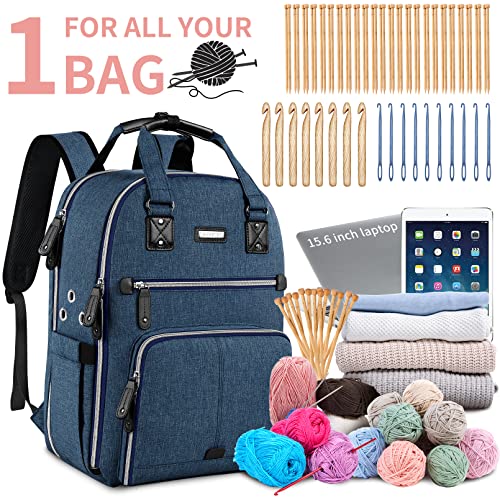 SINVICKO Crochet Bag, Knitting Bag Backpack and Totes Organizer with USB Charging Port, Large Yarn Storage Tote Bag - color: Blue