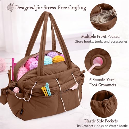MYBAGZING Large Crochet Bag Organizer w/Crochet Hook Case & Yarn Grommets - color: Brown