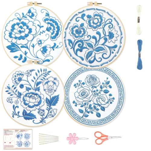 BEUNITONE 4 Set Embroidery Kit for Beginners, Blue Flower Cross Stitch Kits, Needlepoint Kits for Adults with Instructions and Full Kit, Classical Hand Embroidery Patterns for Cloth and Home Decor - style: B-Blue Flower