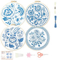 BEUNITONE 4 Set Embroidery Kit for Beginners, Blue Flower Cross Stitch Kits, Needlepoint Kits for Adults with Instructions and Full Kit, Classical Hand Embroidery Patterns for Cloth and Home Decor - style: B-Blue Flower