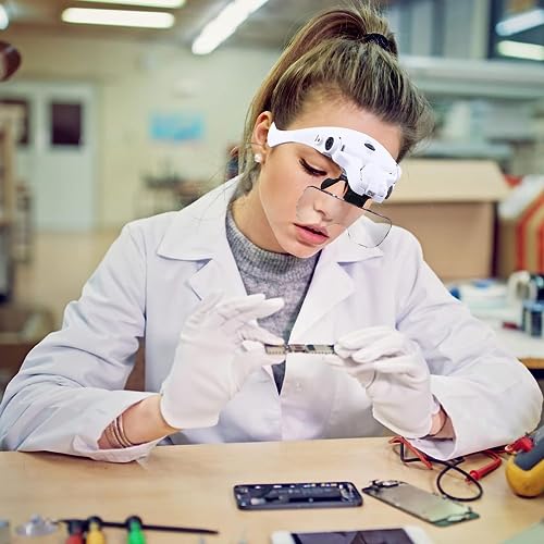 Hands Free Headband Magnifying Glass, USB Charging Head Magnifier with LED Light Jewelry Craft Watch Hobby 5 Lenses 1.0X 1.5X 2.0X 2.5X 3.5X (Upgraded Version) - color: White Head Magnifying Glass