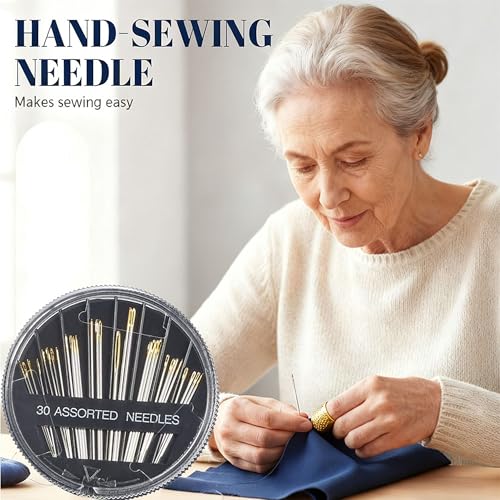 30Pcs Hand Sewing Needles 6 Sizes Large Eye Embroidery Steel Needles Kit with 2 Threaders for DIY Craft Projects,Quilting,Darning Handsewing,Sewing Repair