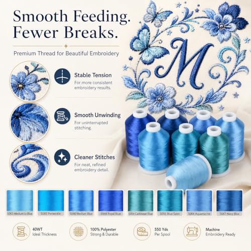 Simthread 8 Shades 550Yds Each 40WT Polyester Embroidery Thread Blue Set - color: 550YBlueMadeira