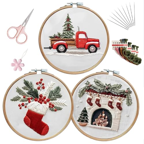 EOBTAIN 3 Pcs Christmas Embroidery Kit for Beginners,Red Christmas Embroidery Kits for Adults,Cross Stitch Kits for Beginners with Pattern, Needles, Threads, Tools,Hand DIY Craft Kits for Adults - color: Red