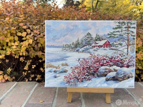 Merejka Counted Cross Stitch Kit – The Lake House K-261, Winter Cottage Lakeside Scene, Zweigart Aida 16 White, 34 DMC Threads, Finished Size 11.8 x 15.7 in (30 x 40 cm)