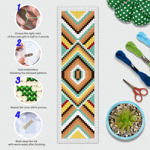 BEUNITONE Cross Stitch Bookmarks Kit 6 Pcs Geometric Pattern DIY Bookmarks Cross Stitch Kits for Beginners Boho Floral Fabric Bookmark Kit Traditional Decorative Counted Knitting Kit 8''x2.4'' - style: Indian Floral Pattern