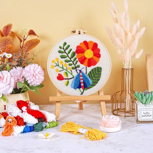 KESTAR Punch Needle Embroidery Starter Kits, Flower Dragonfly Punch Needle Kits for Adults Beginner, Needle Punch Kit Tool with Instruction Threader Fabric Yarns and Hoop - color: Red Flower