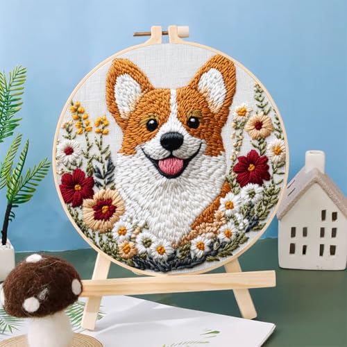 Punch Needle Kits Corgi Dog in Flowers 20x20cm-3