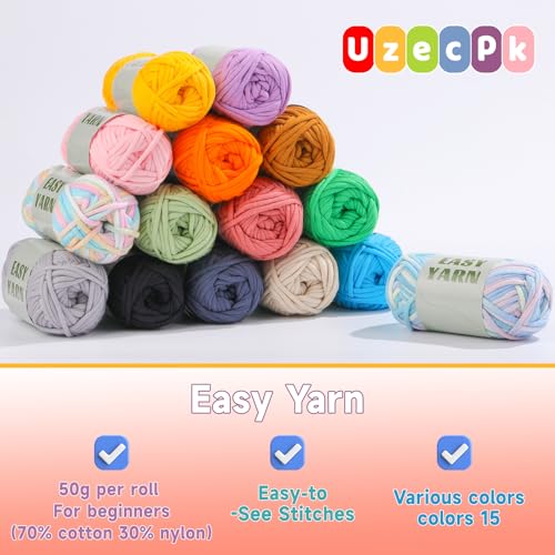 UzecPk 15 * 50g/1.76oz Crochet Yarn, 15 * 87yds Beginner Crochet Yarn - color: 15 colors