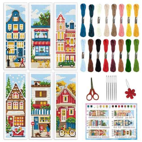 INFUNLY 6 Set DIY Cross Stitch Bookmark Kit Building House Cross Stitch Kits 8"x2.4" Pre-Printed Architectural Stamped Embroidery Bookmark Kit with Instructions for Beginners Book Lovers Adults Gift - style: 6pcs Building House