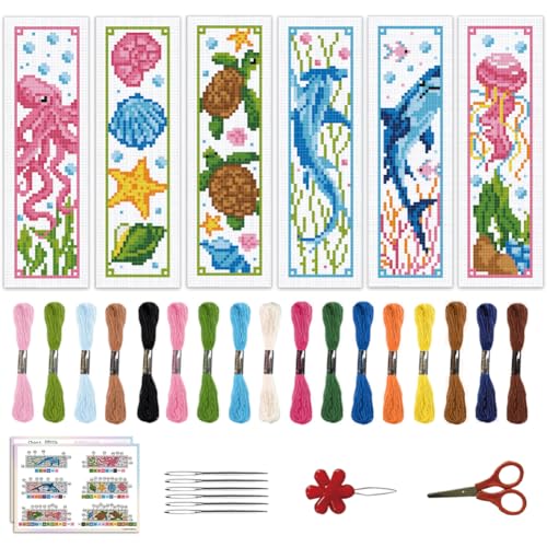 ACRNIGHEET 6PCS Cross Stitch Bookmark Kits Marine Animals Pattern Stamped Cross Stitch Kits for Beginners Adults DIY Stamped Embroidery Bookmarks with Instructions Hand Embroidery Craft Gift 11CT - style: Marine animal patterns