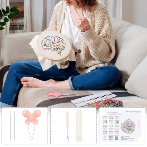 Fanfanwin 1 Set Brain Embroidery Kit for Beginner Floral Brain Cross Stitch Kits Easy Embroidery with Hoop, Needles, Threads, Instruction Threads Tools DIY Craft Art for Mental Health Mindfulness Gift - style: Floral Brain