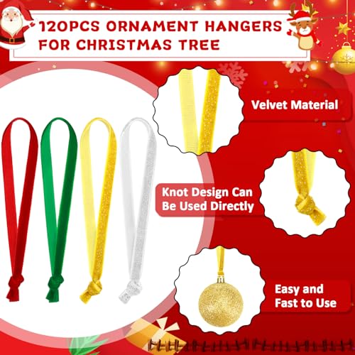 JUNEBRUSHS 120Pcs Velvet Christmas Ornament Ribbon Hangers, Hand Tied Christmas String Ribbon Loops for Ornament Hanging Tree Hanging Decorations,Gold Silver Red Green - color: Gold Silver Red Green