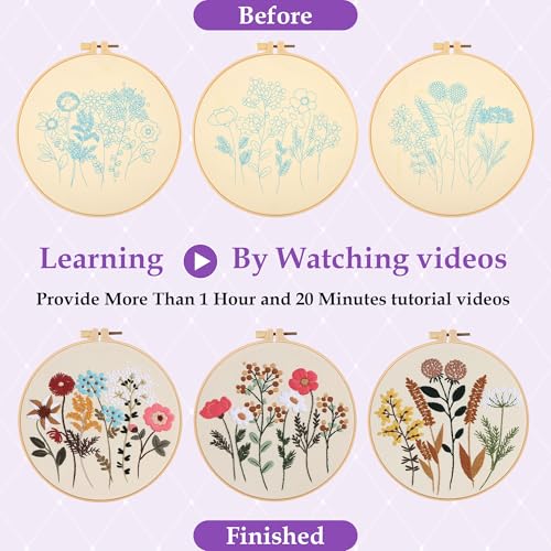 3 Sets Embroidery Kit, Cross Stitch Kits for Beginners, Needlepoint Kits for Adults with Floral Patterns, Hoop, Needles, Threads and Tools, Colorful Threads, Easy to Learn Step-by-Step Guide & Video - color: Embroidery Kit-B