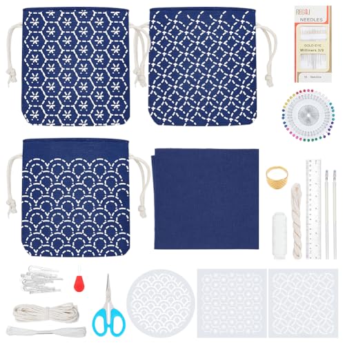 INFUNLY 3 Set Sashiko Drawstring Bag Kit DIY Sashiko Coin Purse Navy Blue Fabric Set for Beginners Make Your Own Tote Bag Thread Needles Hand Sewing Kit for Adults - style: Wave pattern