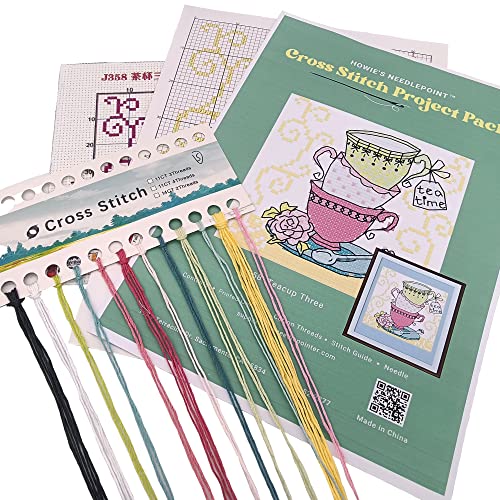 Howie's Needlepoint Cross Stitch Kits, 11CT Pre-Printed Pattern Needlepoint Kits, Full Range of Stamped Starter Kits (Teacup Three, 7.1 x 7.1 Inch) - color: Teacup Three