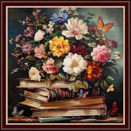 Findvoor Counted Cross Stitch Kits for Adults Full Range of Cross Stitching Embroidery Unprinted Pattern for Beginners, 11CT Needlepoint Cross-Stitch Patterns Embroidery Kits-Flower Books 18×18 inch - color: ColourSet06