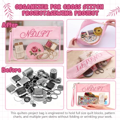 Sabary 2 Pack Needlepoint Project Bags, Sewing Project Bag 12 * 8.8 Inch "ndlpt" Embroidery Storage Organizer with Zipper, Craft Bags for Quilting Crochet Cross Stitch Knitting Embroidery(Pink) - color: Pink