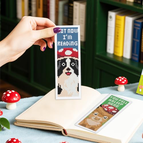 INFUNLY 6 Set Goose in Mushroom DIY Cross Stitch Bookmark Kits for Beginners Cat Dog Counted Cross Stitch Kit with Instruction Frog Cow Mushroom Embroidery Bookmark Kit for Book Lovers Readers Gifts - style: Animal Mushroom Heads