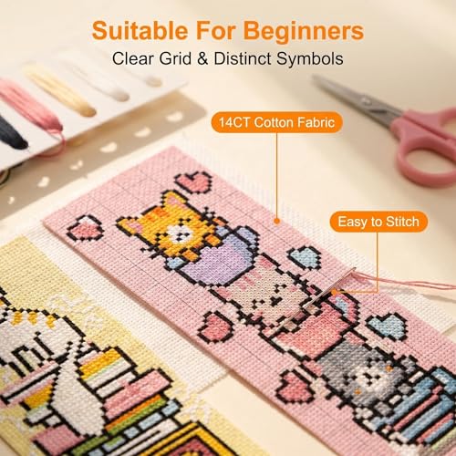 5pc Cat Bookshelf Stamped Cross Stitch Embroidery Kit for Adult Beginners - color: SQJ003-01