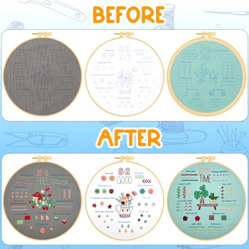 Ponpon 3 Sets Embroidery Kit for Beginners, Embroidery Kit for Adults with Follow Instruction, Cross Stitch Kits with Wooden Embroidery Hoops (Stlye C) - style: Stlye C