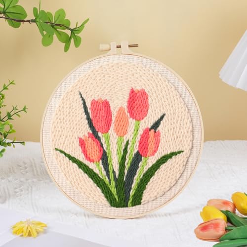 KESTAR Punch Needle Embroidery Starter Kits, Pink Tulip Flower Punch Needle Kits for Adults Beginner, Needle Punch Kit Tool with Instruction Threader Fabric Yarns and Hoop - color: Pink Tulip