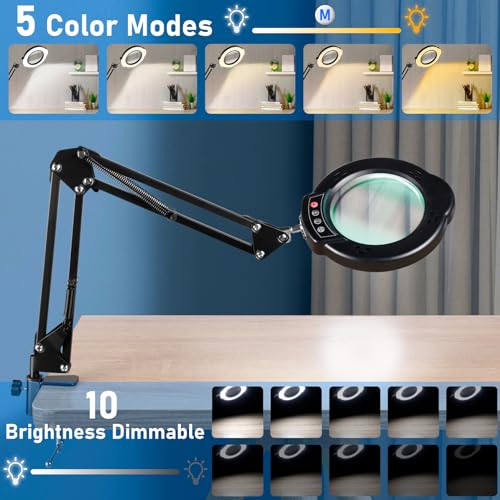 10X Magnifying Glass with Light and Stand, LED Desk Lamp with Clamp, 5 Color Mode, 10 Dimmable Levels, Hands Free for Reading Crafts Jewelry Sewing Close Work - color: Black, size: Standard Clamp
