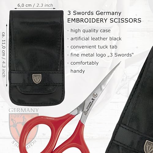3 Swords Germany - Embroidery Scissors, Shears for Art Work, Daily Use in Household, Sewing, Art Work, Craft with Synthetic Leather case - red/black - color: Red/Black