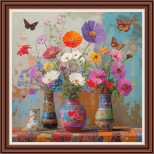 Dimensean Counted Cross Stitch Kit for Beginners, 11CT Unprinted Cross-Stitch Kit Easy Patterns Needlepoint Kit Cross Stitching Embroidery Kit Supplies-Colorful Flower vase on Table 18x18 inch - color: DIYColor16