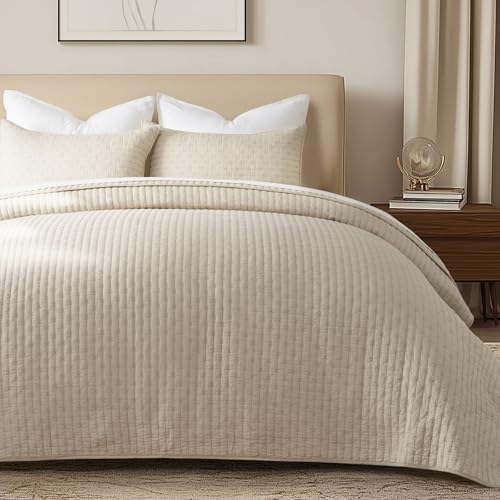 EVERGRACE 100% Cotton Cross Stitch 3-Piece Quilt Set, King, Flax Beige - color: Flax Beige, size: King/Cal King (108" X 96")