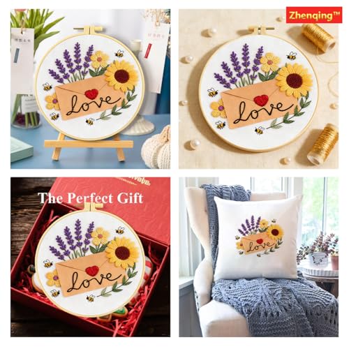Zhenqing Love Envelope Embroidery Kit for Beginners, Pre-Printed 29x29cm Cotton Fabric with 20cm Hoop, Romantic Design with Sunflowers and Lavender (C0238)
