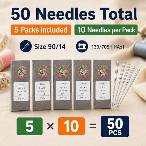 50 Pcs Embroidery Sewing Machine Needles Size 90/14 130/705H HAx1 Sewing Needles for Brother Sewing Machine (5 Pack of 10 Needles) - style: 50pcs- 90/14