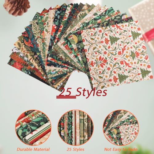 25 Pcs Christmas Cotton Fabric Squares, Christmas Morris Flowers Style - color: Christmas Morris Flowers