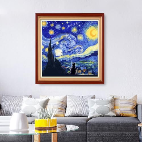 Foxhool Stamped Cross Stitch Kits,11CT Printed Cross Stitch Pattern Full Embroidery Kits for Beginner Needlepoint Kits&Cat admires Van Gogh's Starry Sky 18x18 inch - color: ColorSet02