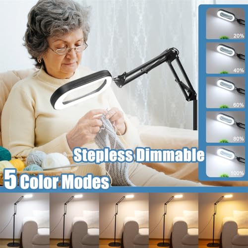 IVMAIE 12X Magnifying Glass with Light and Stand, Real Glass Lens, 5 Color Modes LED Dimmable Lighted, 3-in-1 Floor Lamp with Clamp, Hands Free Magnifier for Reading, Craft Painting Close Work, Black - color: Black