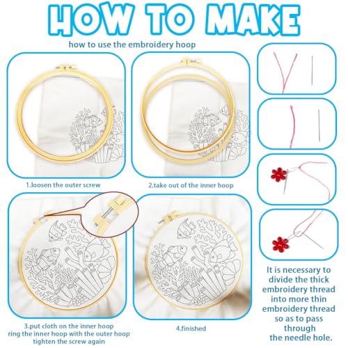 ACRNIGHEET 6PCS Embroidery Kit for Adults Beginners, Needlepoint Kits for Adults, Embroidery Starter Kit, Stamped Cross Stitch Kits for Crafts Lovers Gift Idea, Include Instructions(Ocean)