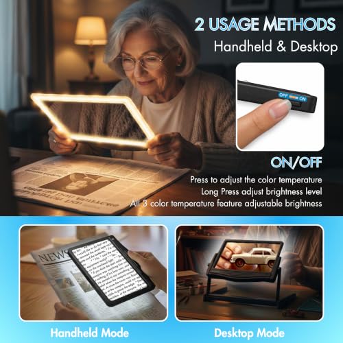 MAGNIPROS 5X LED Page Magnifying Glass, Detachable Stand, 3 Color Modes - color: Jet Black