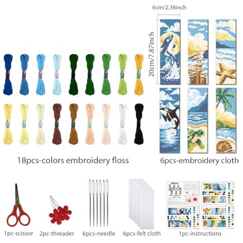 FREEBLOSS 6 Set Cross Stitch Bookmark Kits for Beginner Ocean Theme Stamped Cross Stitch Kit DIY Embroidery Bookmark Kit with Instructions 8'' x 2.4'' - style: Beach Animals