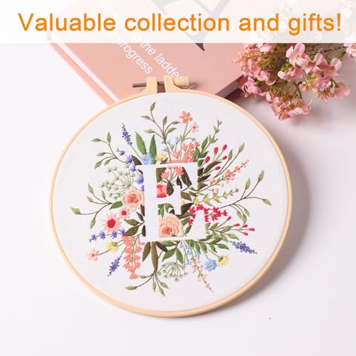 Harimau Letter E Pattern Embroidery Kit for Adult Beginners, Complete Starter Pack with 1 Hoop, Needles, Instruction Guide & Embroidery Stitch Video Tutorials - color: White E