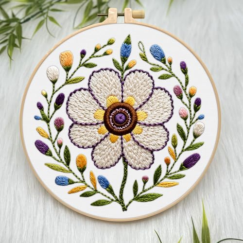 ERKOON Embroidery Kit for Beginners Adult, Cross Stitch Set Include Embroidery Cloth Hoop Threads for Craft Lover Hand Stitch with Embroidery Skill Techniques (Flower) - color: Flower