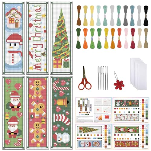 FREEBLOSS 6 Set Cross Stitch Bookmark Counted Cross Stitch Kit with 6 Different Christmas Patterns Embroidery Kit with Instruction DIY Bookmark Kit for Gift Adults 8''x2.4'' - style: Christmas