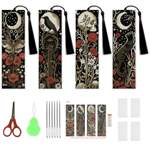 NEGEKFKX 4 Pcs Flower Cross Stitch Bookmark Kit for Adult Beginners - color: Cross stitch bookmark-6