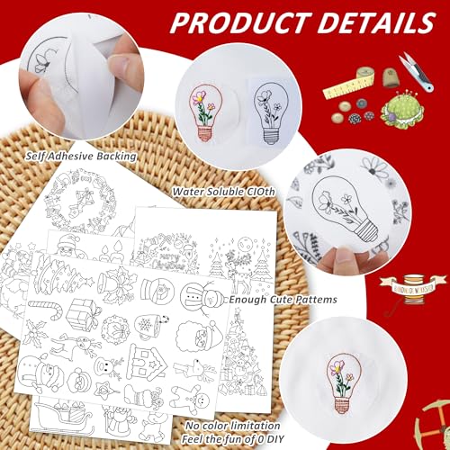 Water Soluble Stabilizer Embroidery Pattern - Christmas Stick & Stitch Embroidery Paper Wash Away, Wreath Snowmen Hand Sewing Patterns for Jean Bag T-Shirt (4 Sheets) - style: Xmas022