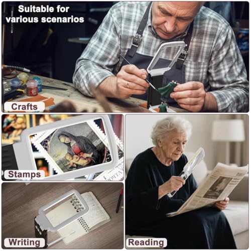 15X Magnifying Glass with Light and Stand, Real Glass Lens, Rechargeable Foldable Handheld Magnifier, 3 Color Modes Dimmable Lighted Page Magnifier for Reading Fine Prints, Low Vision Seniors - color: White Black